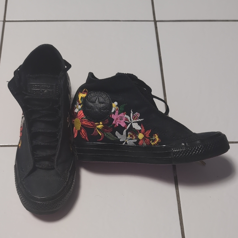 Pat Bo Converse Women's Black and Multicolor Floral High-Tops Size 6.5